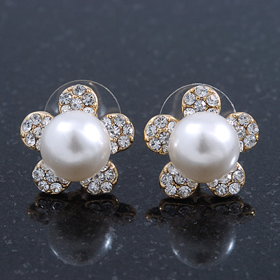 Prom/ Teen Simulated Glass Pearl, Crystal 'Daisy' Stud Earrings In Gold Plating - 15mm Diameter