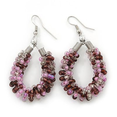 Handmade Glass Bead Oval Drop Earrings In Silver Tone (Purple, Pink, Transparent) - 60mm Length