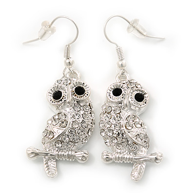 Clear Diamante 'Owl' Drop Earrings In Rhodium Plating - 4.5cm Length - main view