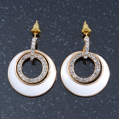 White Enamel, Crystal Double Hoop Earrings In Gold Plating - 30mm Length