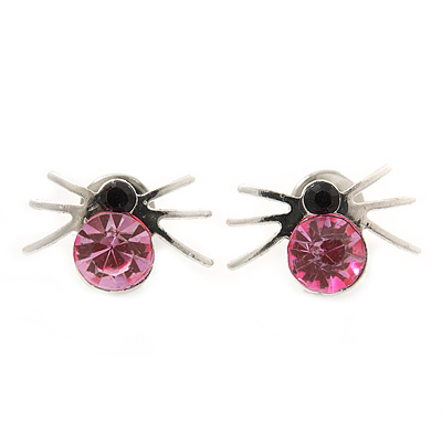 Small Light Pink/ Black Crystal 'Spider'/ Insect Stud Earrings In Silver Plating - 12mm Across - main view