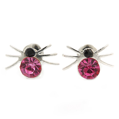 Small Fuchsia/ Black Crystal 'Spider' Stud Earrings In Silver Plating - 12mm Across - main view