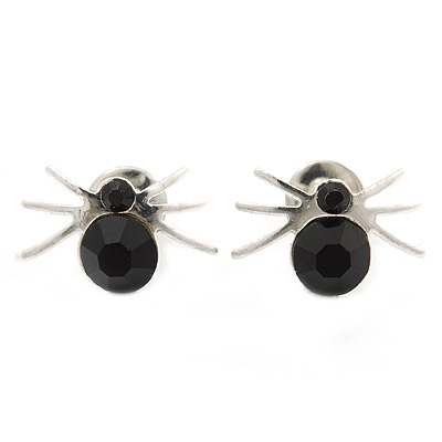 Small Black Crystal 'Spider' Stud Earrings In Silver Plating - 12mm Across - main view
