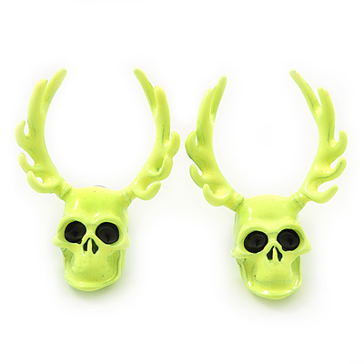 Teen Skull and Antlers Stud Earrings in Neon Yellow - 3.5cm in Height - main view