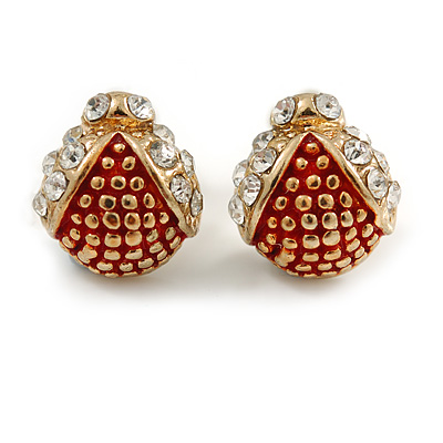 Children's/ Teen's / Kid's Small Red Enamel Crystal 'Ladybug' Stud Earrings In Gold Plating - 10mm Length - main view