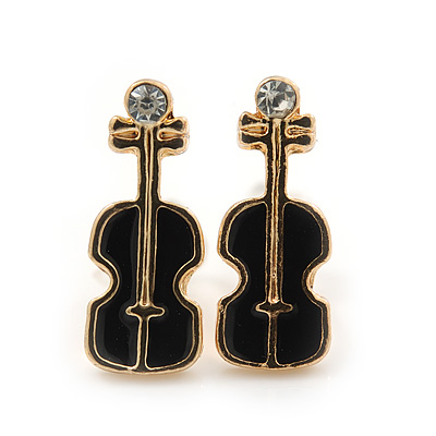 Children's/ Teen's / Kid's Small Black Enamel 'Violin' Stud Earrings In Gold Plating - 13mm Length - main view