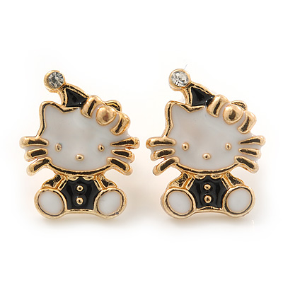 Children's/ Teen's / Kid's Small White/ Black Enamel 'Kitty in the Hat' Stud Earrings In Gold Plating - 13mm Length