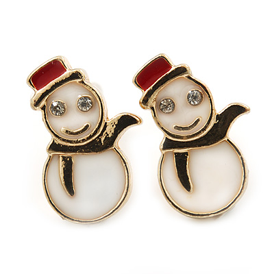 Children's/ Teen's / Kid's Small White, Red Enamel 'Snowman' Stud Earrings In Gold Plating - 15mm Length