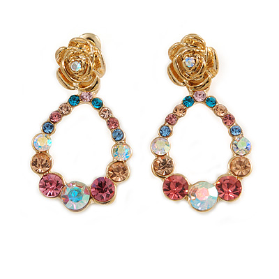 Multicoloured Austrian Crystal Rose With Oval Hoop Drop Earrings In Gold Plating - 32mm Length