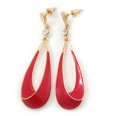 Crimson Enamel Teardrop Earrings In Gold Plating - 65mm Length