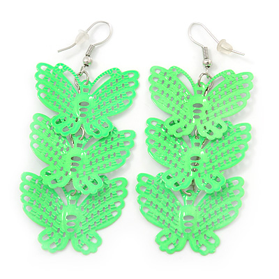 Neon Green Lightweight Filigree Triple Butterfly Drop Earrings In Silver Tone - 75mm Length