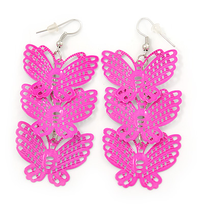 Neon Pink Lightweight Filigree Triple Butterfly Drop Earrings In Silver Tone - 75mm Length