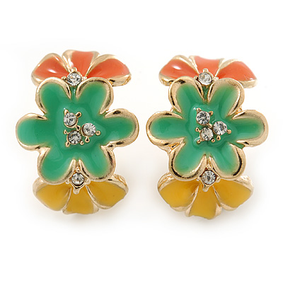 Orange/ Green/ Yellow Crystal Floral Clip On Earrings In Gold Plating - 22mm Length
