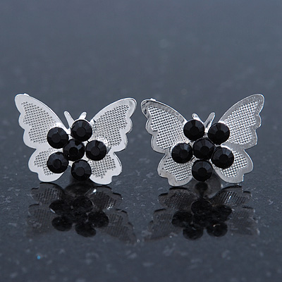 Teen Rhodium Plated Black Crystal 'Butterfly' Stud Earrings - 15mm Width