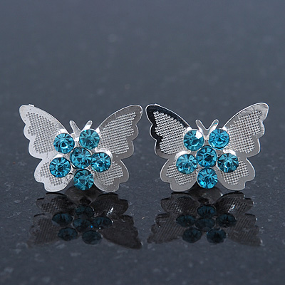 Teen Rhodium Plated Azure Crystal 'Butterfly' Stud Earrings - 15mm Width - main view