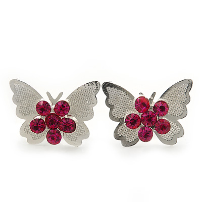 Teen Rhodium Plated Fuchsia Crystal 'Butterfly' Stud Earrings - 15mm Width - main view