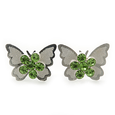 Teen Rhodium Plated Light Green Crystal 'Butterfly' Stud Earrings - 15mm Width - main view