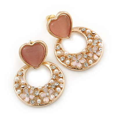 Pink Heart & Flower Diamante Hoop Earring In Gold Plating - 30mm Length - main view