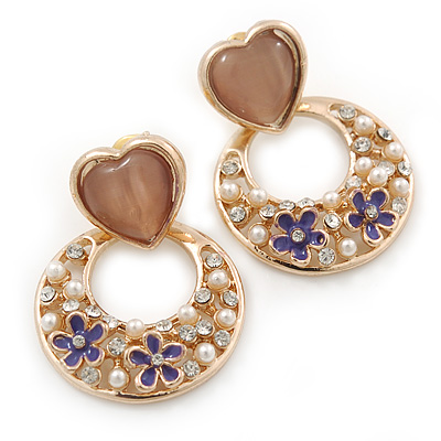 Pink Heart & Flower Diamante Hoop Earring In Gold Plating - 30mm Length