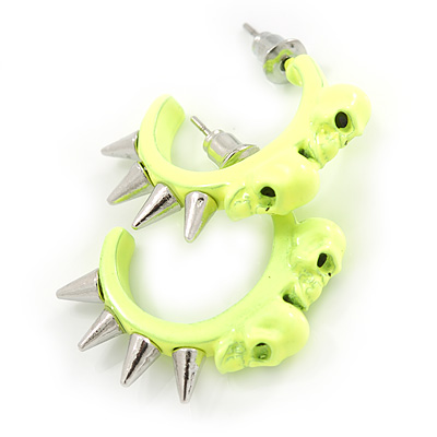 Teen Skulls and Spikes Small Hoop Earrings in Neon Yellow (Silver Tone) - 30mm Width - main view