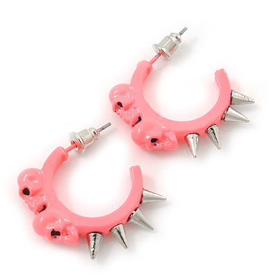 Teen Skulls and Spikes Small Hoop Earrings in Bright Pink (Silver Tone) - 30mm Width - main view