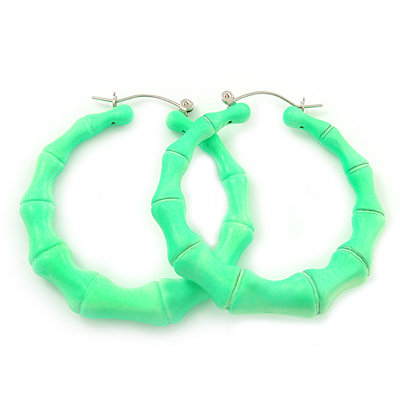 Medium Sized Bamboo Textured Doorknocker Hoop Earrings in Neon Green - 5cm Diameter