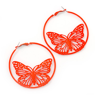 Neon Orange Filigree Butterfly Metal Hoop Earrings - 6cm Diameter - main view