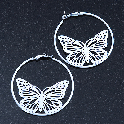 White Filigree Butterfly Metal Hoop Earrings - 6cm Diameter