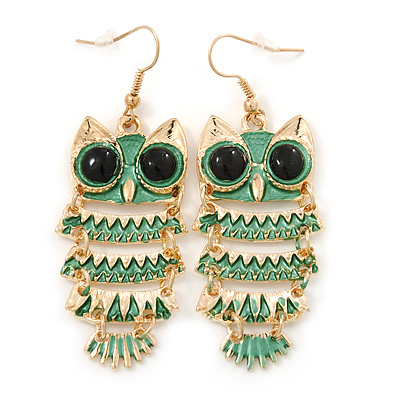Light Green Enamel 'Owl' Drop Earrings In Gold Plating - 7cm Length