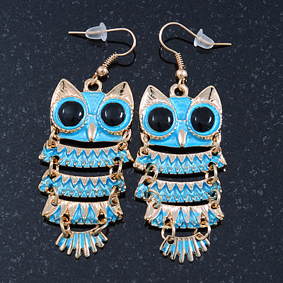 Light Blue Enamel 'Owl' Drop Earrings In Gold Plating - 7cm Length