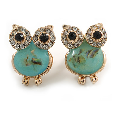 Funky Light Blue Crystal 'Owl' Stud Earrings In Gold Plating - 18mm Length - main view