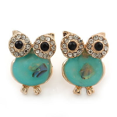 Funky Light Green Crystal 'Owl' Stud Earrings In Gold Plating - 18mm Length - main view