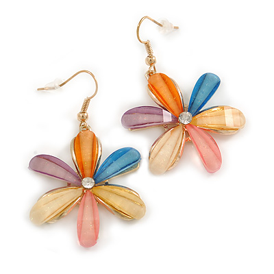 Multicoloured Acrylic 'Daisy' Drop Earrings In Gold Plating - 50mm Length - main view