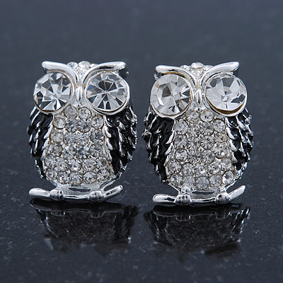 Clear Crystal Black Enamel 'Owl' Stud Earrings In Silver Plating - 18mm Length - main view