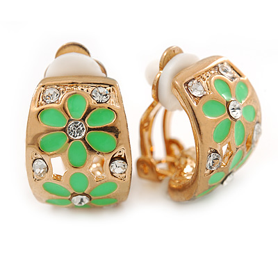 C-shape Crystal, Light Green Enamel Floral Clip On Earrings In Gold Tone - 16mm L - main view