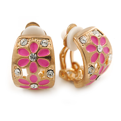 C-shape Crystal, Pink Enamel Floral Clip On Earrings In Gold Tone - 16mm L
