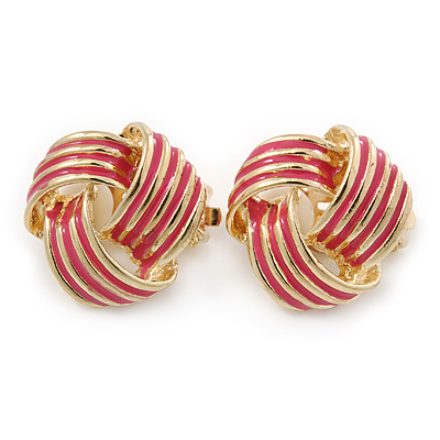 Gold Tone Pink Enamel 'Knot' Clip On Earrings - 18mm D
