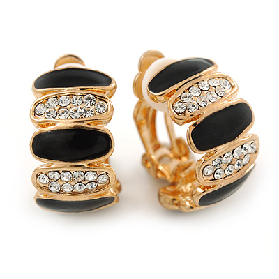 Gold Plated Black Enamel Crystal C Shape Clip On Earrings - 20mm Length