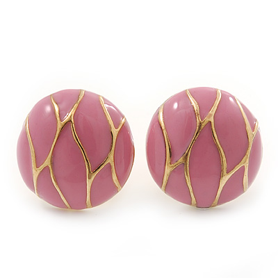 Baby Pink Enamel Round 'Button' Stud Earrings In Gold Plating - 17mm Diameter
