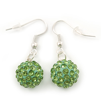 Light Green Crystal 'Ball' Drop Earrings In Silver Plating - 35mm Length