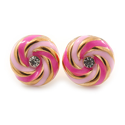 Light Pink/ Deep Pink Enamel, Diamante 'Candy' Stud Earrings In Gold Plating - 13mm Diameter