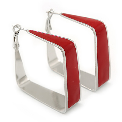 Contemporary Square Red Enamel Hoop Earrings In Rhodium Plating - 50mm Width - main view