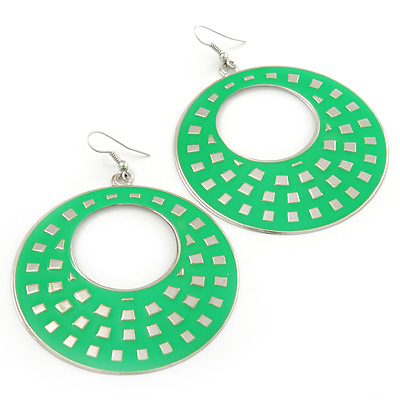 Large Lightweight Bright Green Enamel Hoop Earrings In Rhodium Plating - 8cm Drop