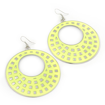 Large Lightweight Neon Yellow Enamel Hoop Earrings In Rhodium Plating - 8cm Drop