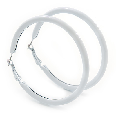 Large White Enamel Hoop Earrings In Silver Tone - 60mm Diameter - main view