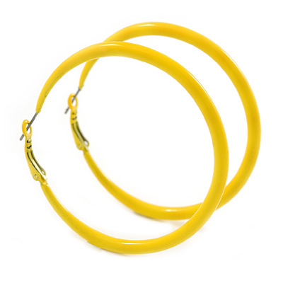Large Yellow Enamel Hoop Earrings In Silver Tone - 60mm Diameter