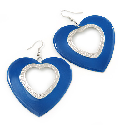 Large Blue Enamel 'Heart' Hoop Earrings In Rhodium Plating - 70mm Drop