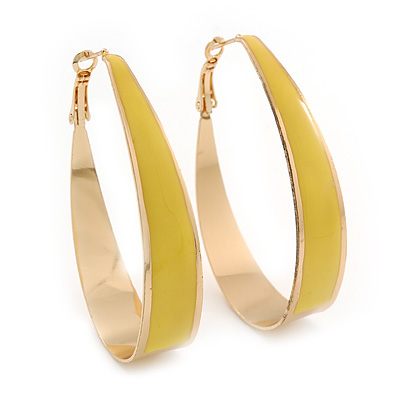 Gold Plated Yellow Enamel Oval Hoop Earrings - 6cm Length