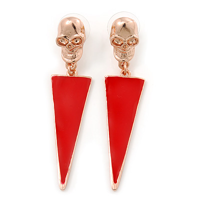 Red Enamel Triangular Skull Drop Earrings In Gold Plating - 65mm Length