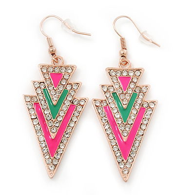 Deep Pink, Green Enamel Crystal Triangular Drop Earrings In Gold Plating - 60mm Length